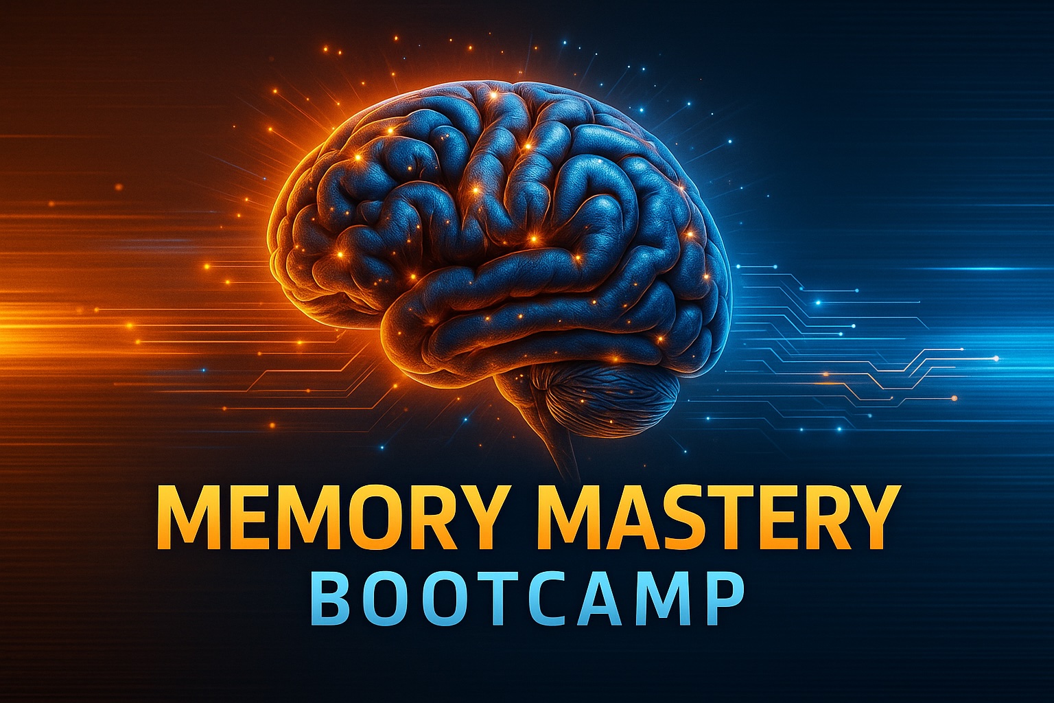 Professional development workshop banner for Memory Mastery Bootcamp featuring a digital brain and vibrant circuitry, representing advanced memory and productivity training.