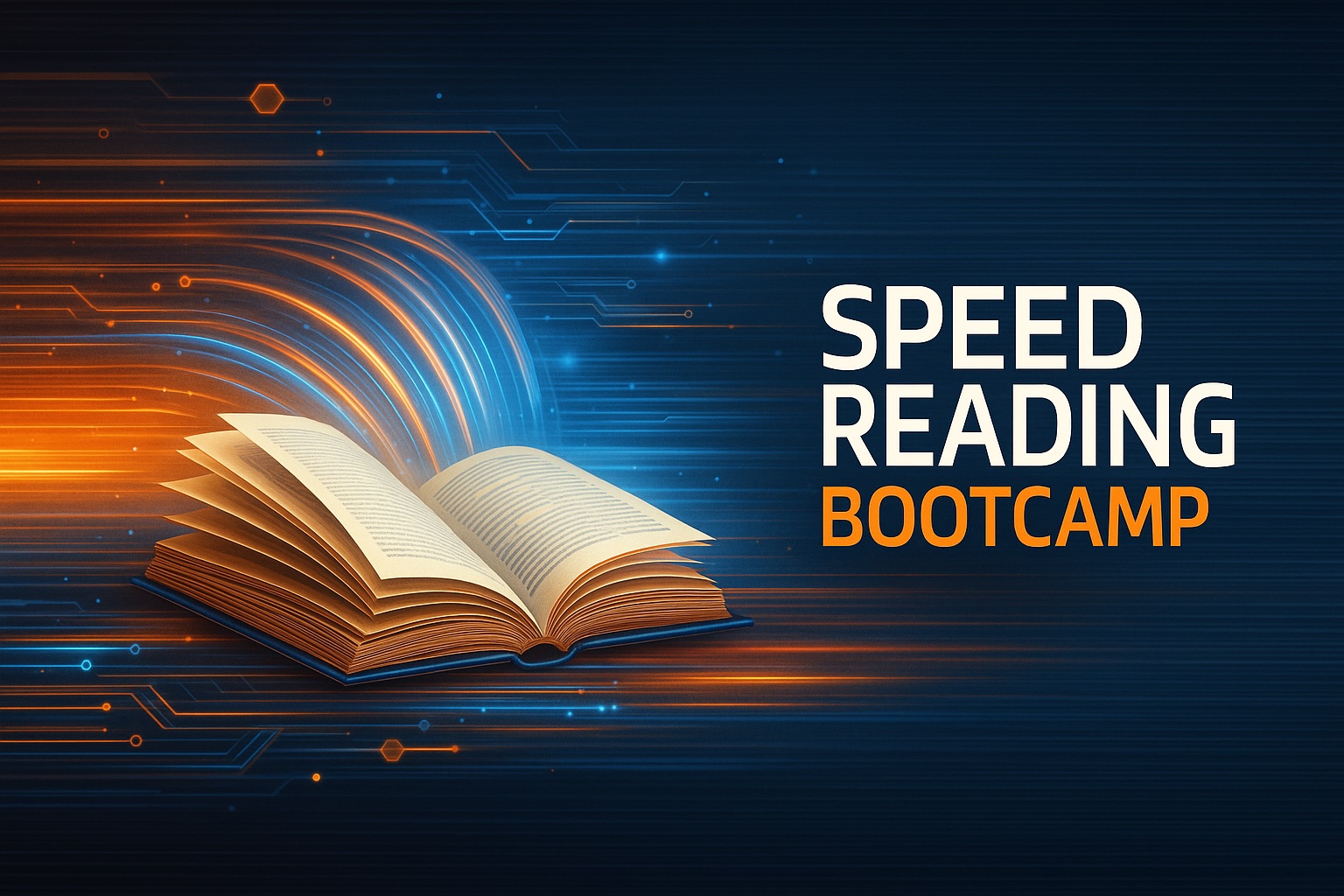 Iris Reading Speed Reading Bootcamp promotional image featuring an open book with futuristic orange and blue motion trails representing reading efficiency and productivity.