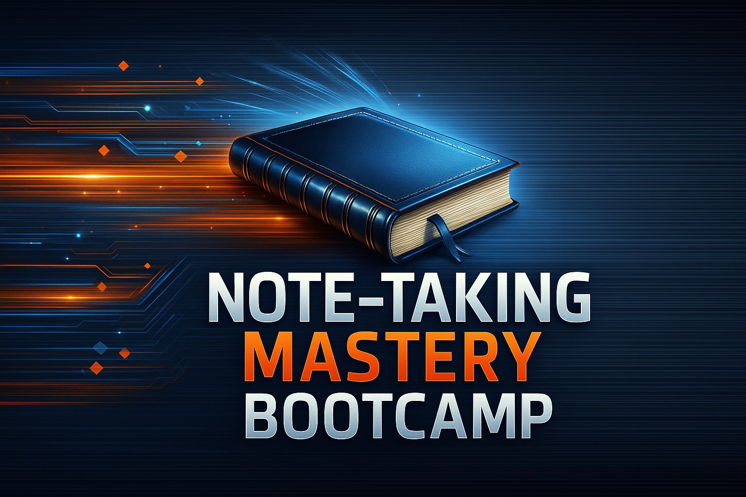 Note-Taking Mastery Bootcamp banner featuring a glowing leather-bound notebook with digital circuits and orange-blue energy trails, symbolizing memory, productivity, and effective study strategies for students and professionals.